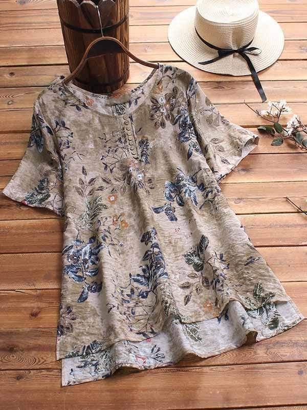 Plus size leaf printed button short sleeve shirt