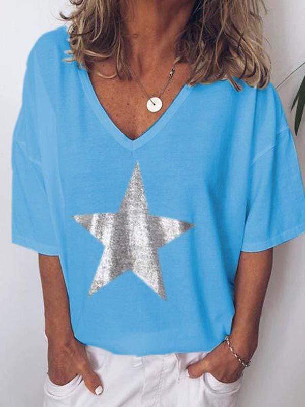 Plus size star print V-neck T-shirt