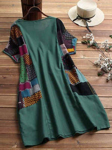 Plus size cotton linen stitching dress