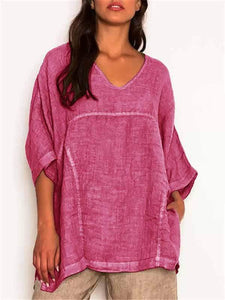 Plus size cotton linen V-neck stitching tops