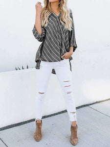 Plus size striped cotton and linen irregular shirt