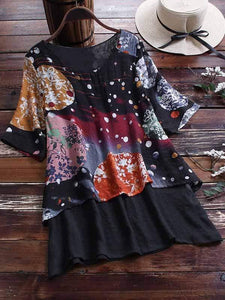 Plus Size Printed Fake Two Piece Short Sleeve Shirt