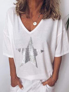 Plus size star print V-neck T-shirt