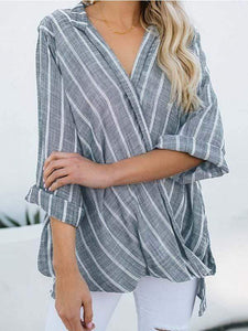 Plus size striped cotton and linen irregular shirt