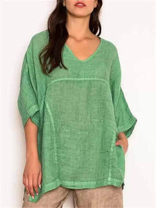 Plus size cotton linen V-neck stitching tops