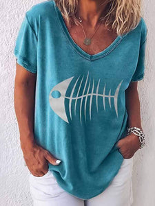 Round Neck Fish Head Print T-Shirt