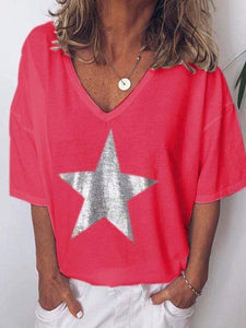 Plus size star print V-neck T-shirt