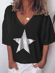 Plus size star print V-neck T-shirt