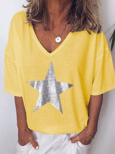 Plus size star print V-neck T-shirt