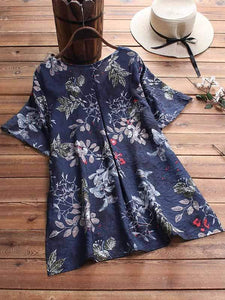 Plus size leaf printed button short sleeve shirt