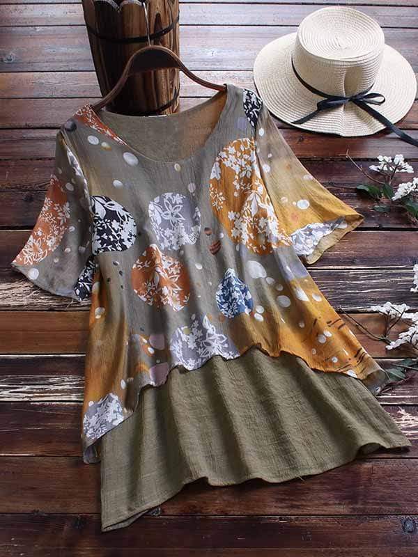 Plus Size Printed Fake Two Piece Short Sleeve Shirt