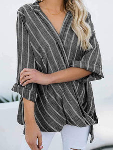 Plus size striped cotton and linen irregular shirt