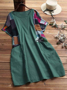 Plus size cotton linen stitching dress