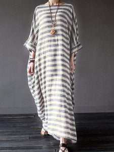 Plus Size Cotton Linen Striped Dress