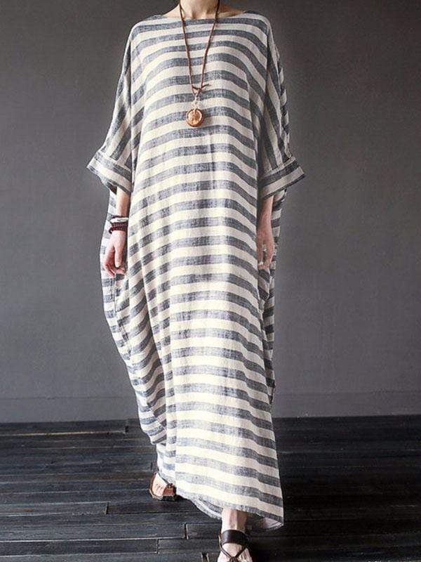 Plus Size Cotton Linen Striped Dress