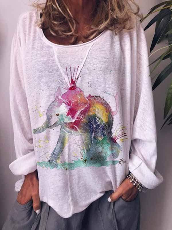 Plus Size Elephant Print Long Sleeve Tops