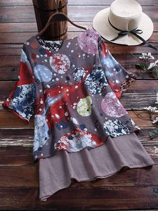 Plus Size Printed Fake Two Piece Short Sleeve Shirt