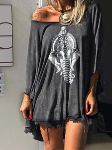 Plus Size Elephant Print Shoulder T-Shirt