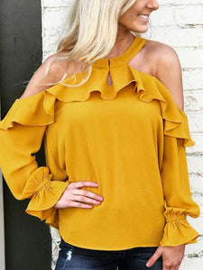 Ruffled Off-The-Shoulder Round Neck Long-Sleeved Blouse