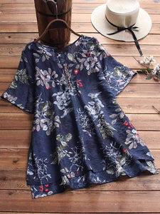 Plus size leaf printed button short sleeve shirt