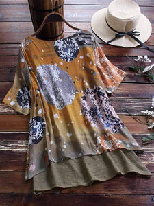 Plus Size Printed Fake Two Piece Short Sleeve Shirt