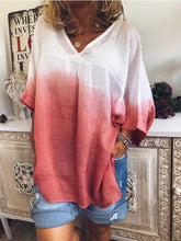 将图片加载到图库查看器，Plus size V-neck gradient long-sleeved T-shirt
