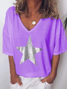 Plus size star print V-neck T-shirt