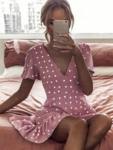 将图片加载到图库查看器，Polka Dot V-neck Ruffle Mini Dress

