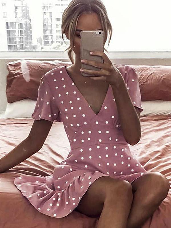 Polka Dot V-neck Ruffle Mini Dress