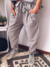 将图片加载到图库查看器，Plus Size Cotton Linen Striped Trousers
