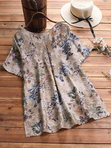 Plus size leaf printed button short sleeve shirt