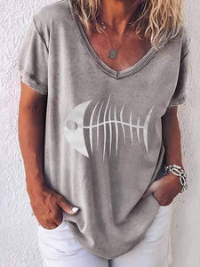 Round Neck Fish Head Print T-Shirt