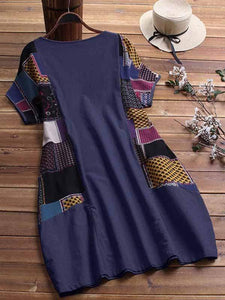 Plus size cotton linen stitching dress