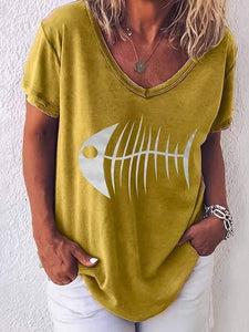 Round Neck Fish Head Print T-Shirt