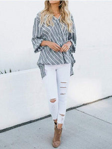 Plus size striped cotton and linen irregular shirt