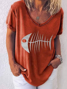 Round Neck Fish Head Print T-Shirt