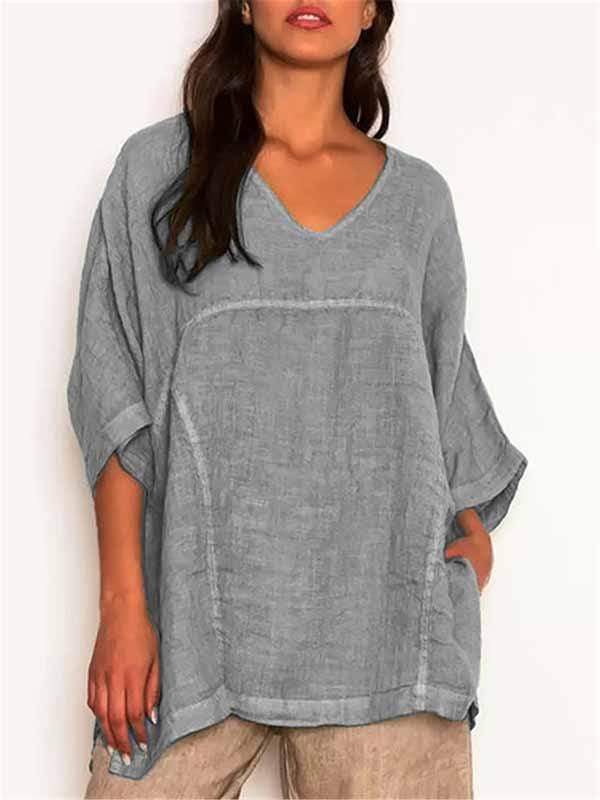 Plus size cotton linen V-neck stitching tops