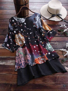 Plus Size Printed Fake Two Piece Short Sleeve Shirt